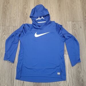 Nike Men's Blue Long Sleeve Shirt With Hood and Swoosh White Logo